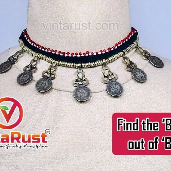 Vintage Choker Necklace With Dangling Coins, Statement Coins Choker Necklace - Picture 4 of 7